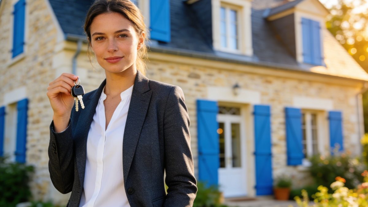 Conseillère immobilière devant une maison française — devenir conseiller immobilier en 2026