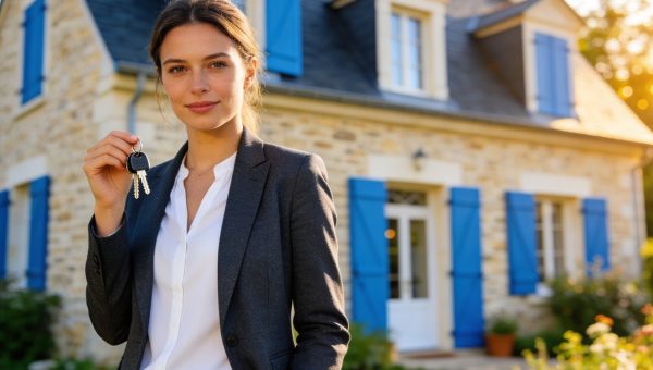 Conseillère immobilière devant une maison française — devenir conseiller immobilier en 2026