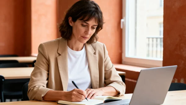 Femme en reconversion professionnelle prenant des notes pendant sa formation agent immobilier, espace de coworking lumineux à Bordeaux