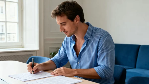 Conseiller immobilier signant un contrat de mandat dans une salle de réunion, démarches d'inscription au RSAC